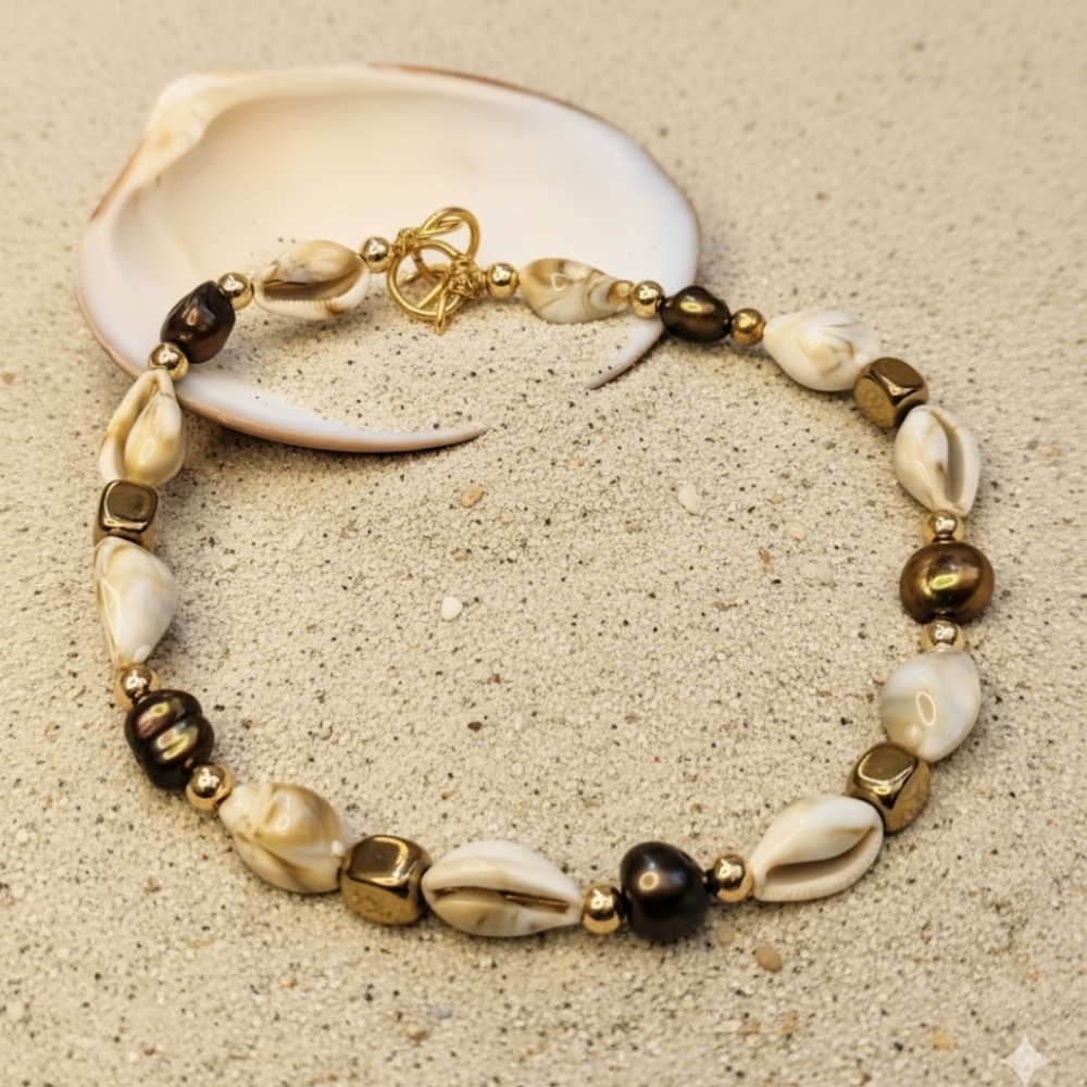 Natural Cowrie Sea Shells & Chocolate Brown Baroque Pearl In Artisan Necklace